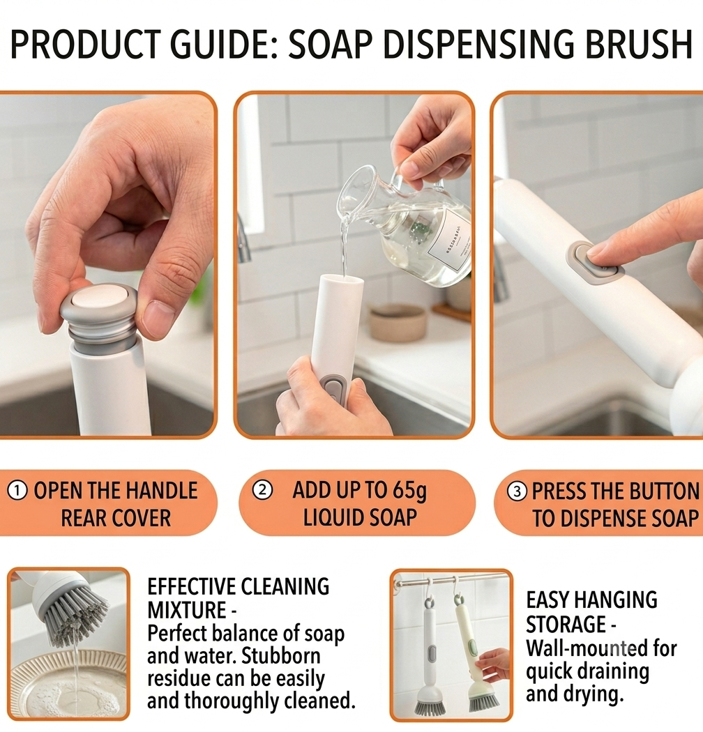Rotating Dish Brush with Soap Dispenser, Non-Slip Long Handle (Pack of 2)